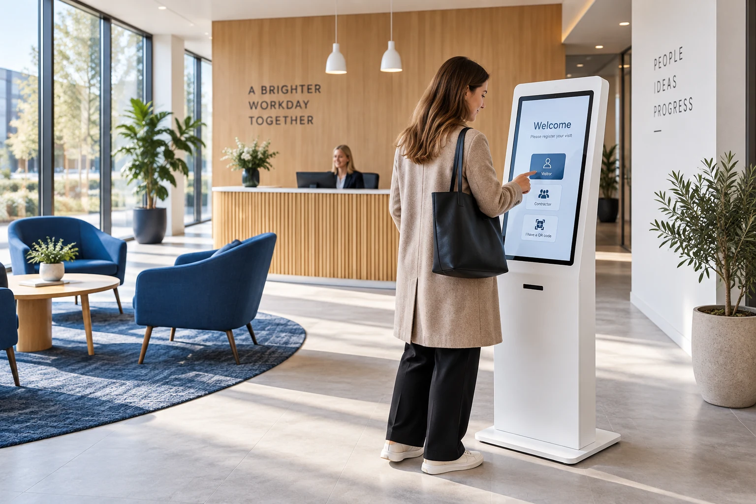 Gość przy wolnostojącym kiosku rejestracji w jasnym lobby biurowym
