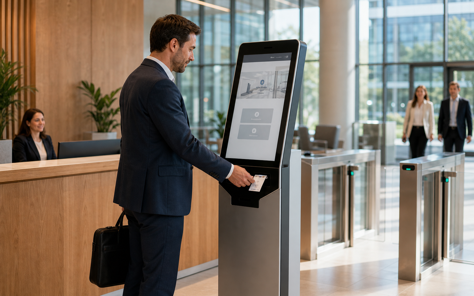 Gość odbiera wydrukowany identyfikator z fizycznego kiosku recepcyjnego