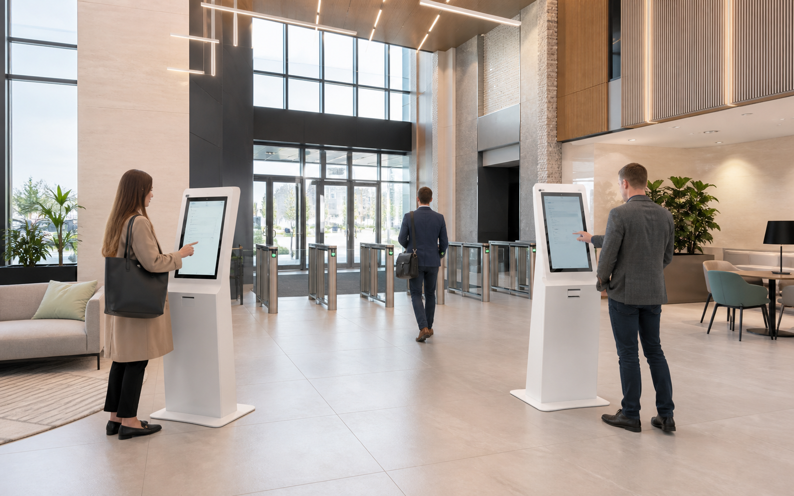Dwoje gości równocześnie korzysta z dwóch wolnostojących kiosków recepcyjnych